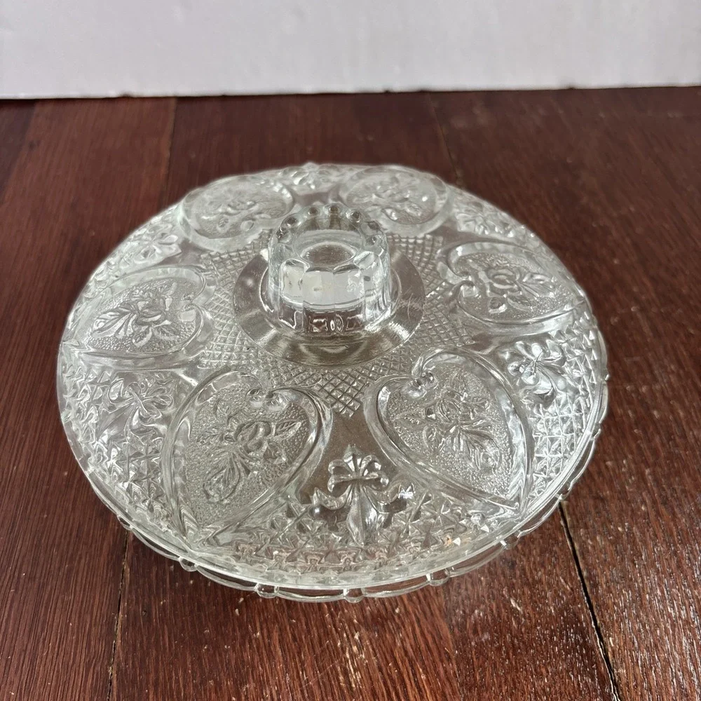 Vintage KIG Malaysia Candy Dish Clear Pressed Glass Hearts and Roses w/ Lid Chip
